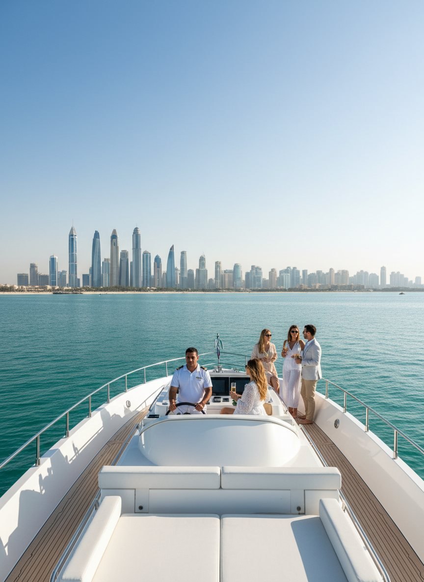 Captain steering the yacht while guests relax along the sunny aft lounge