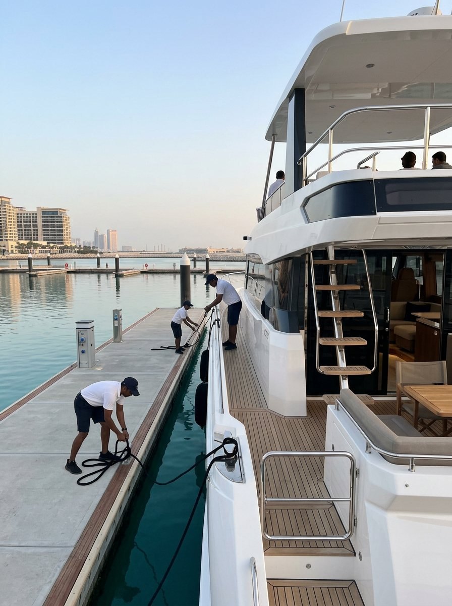 Crew members preparing a charter yacht along the peaceful Dubai marina pier