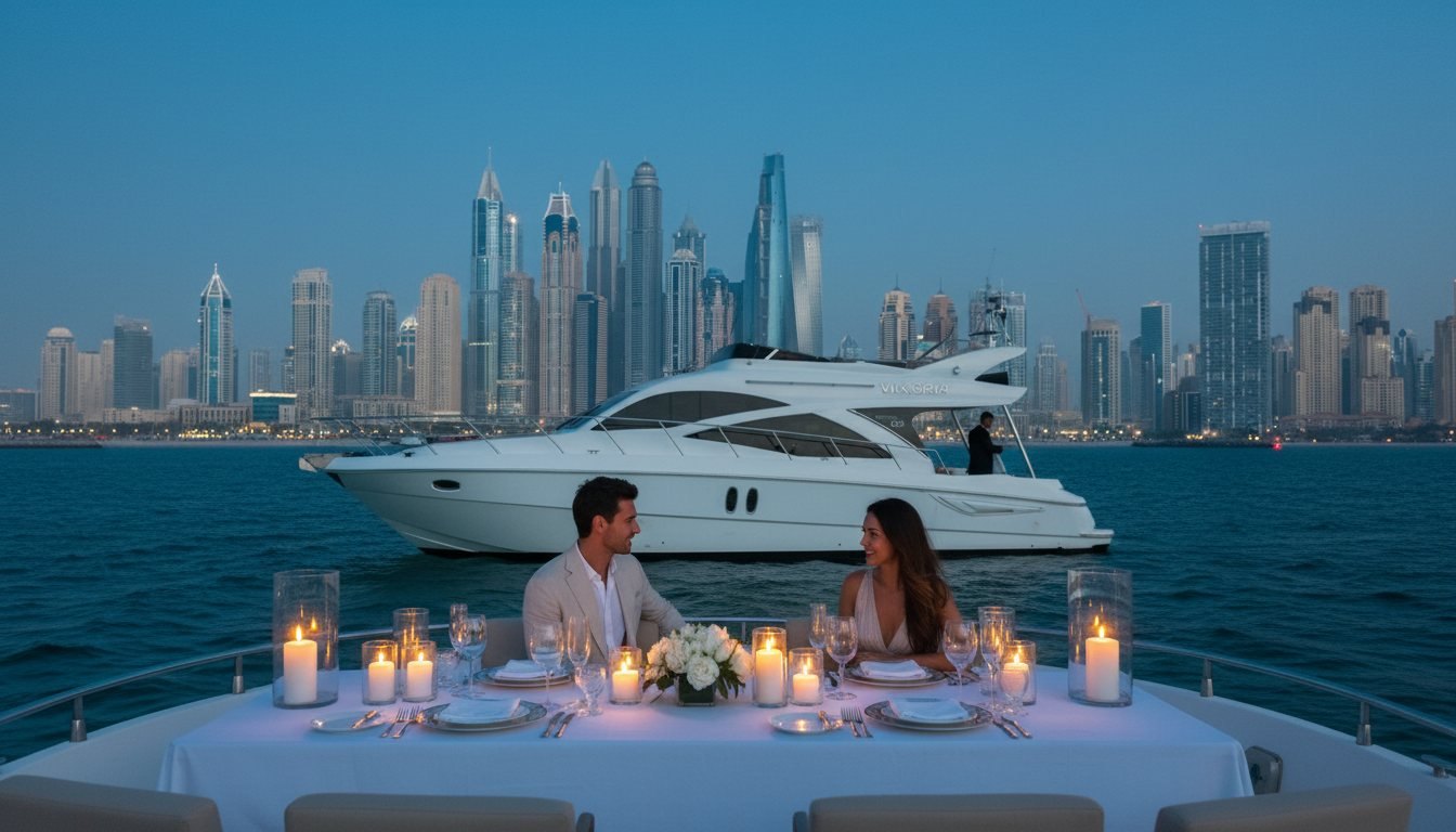 Table dressée avec bougies sur le pont face aux illuminations de Dubai Marina