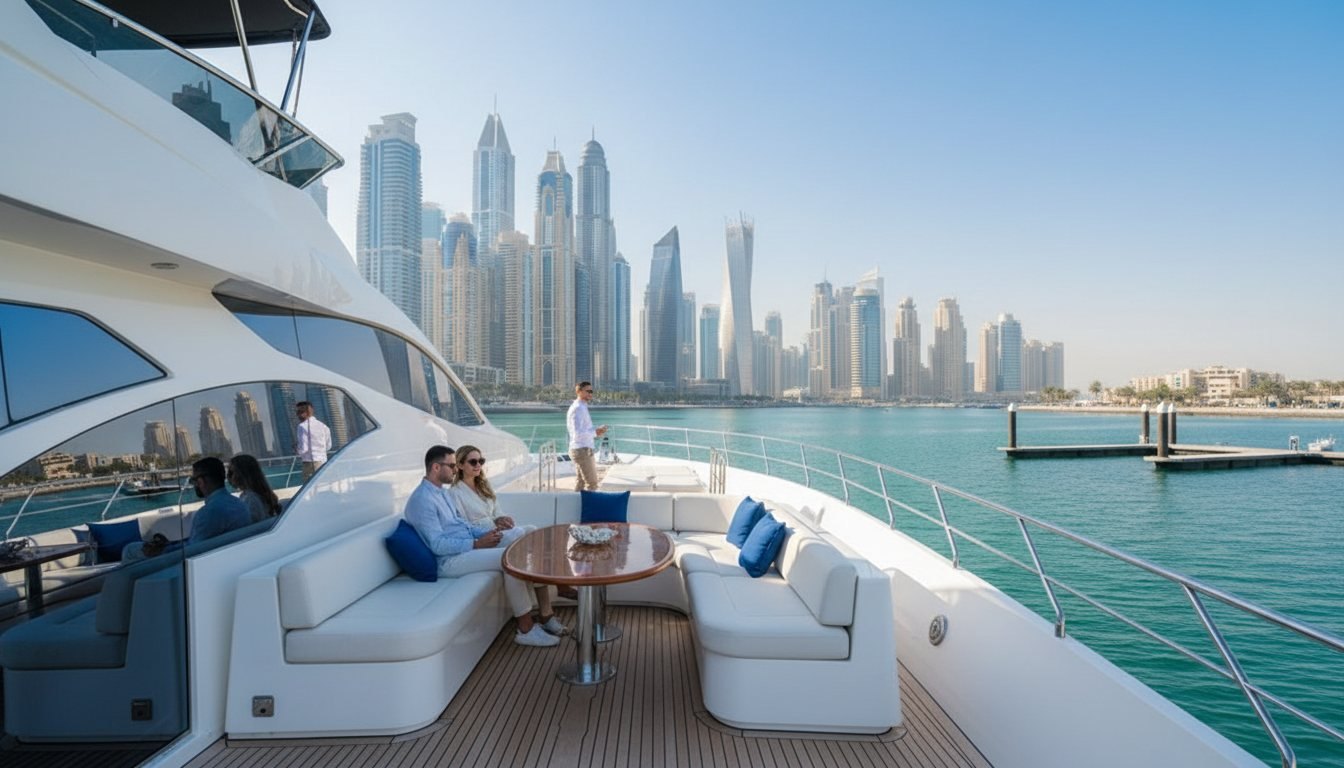 Gleaming residential skyscrapers and yacht berths across the vibrant Dubai Marina waterfront