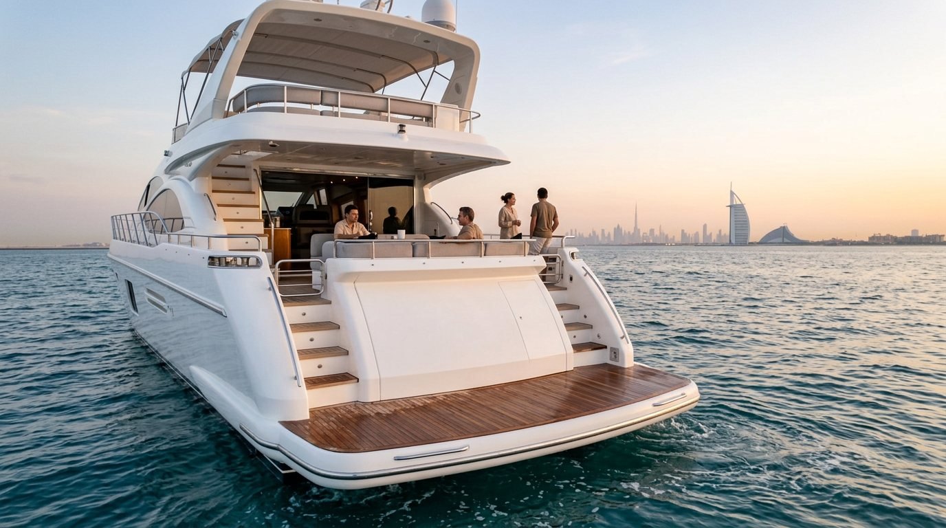 Peaceful morning waters lapping against the yacht platform near the Dubai coastline