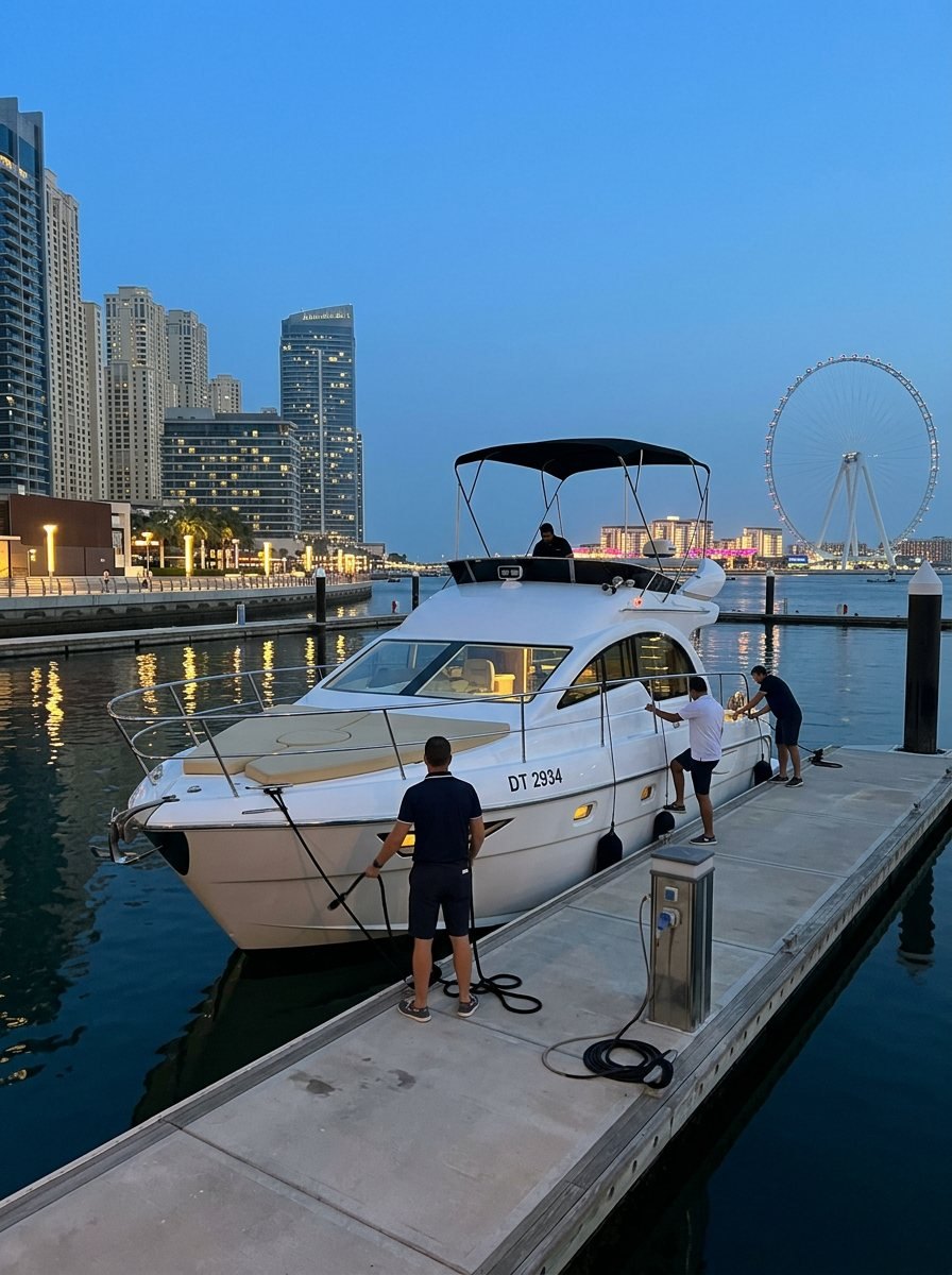 Professional yacht crew attending to duties beside a vessel at Dubai marina