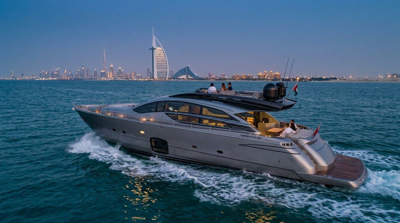Yacht privé blanc naviguant devant les gratte-ciel éclairés du littoral