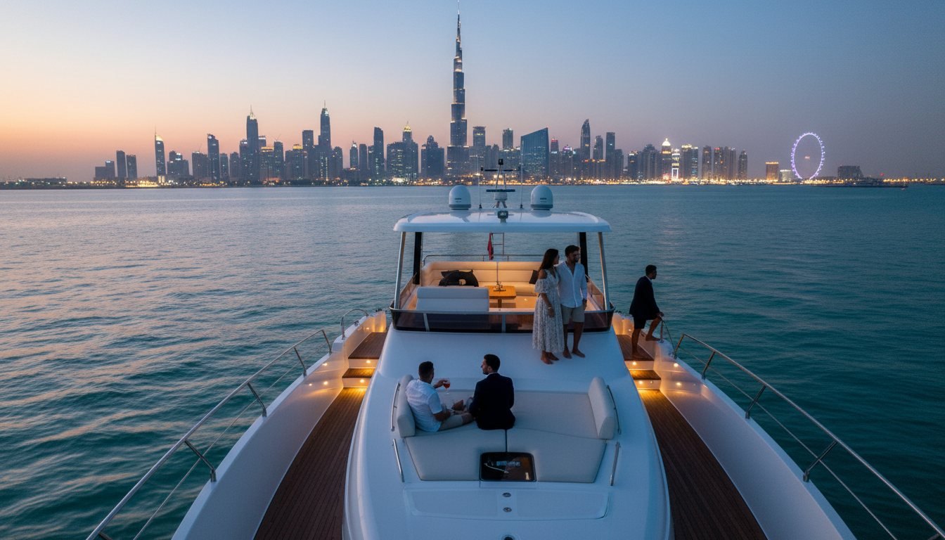 Yacht blanc naviguant sur une mer paisible devant la skyline de Dubaï