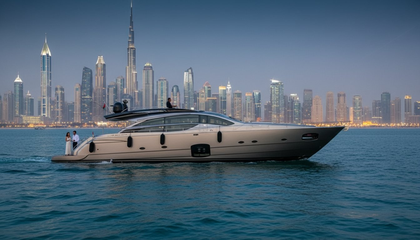 White motor yacht cruising gracefully past iconic Dubai landmarks at dusk