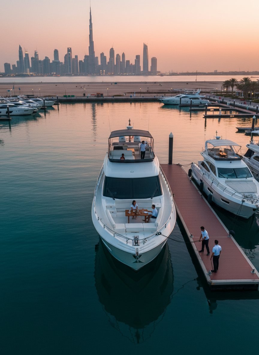 Équipage de yacht rassemblé sur un ponton de la marina de Dubaï