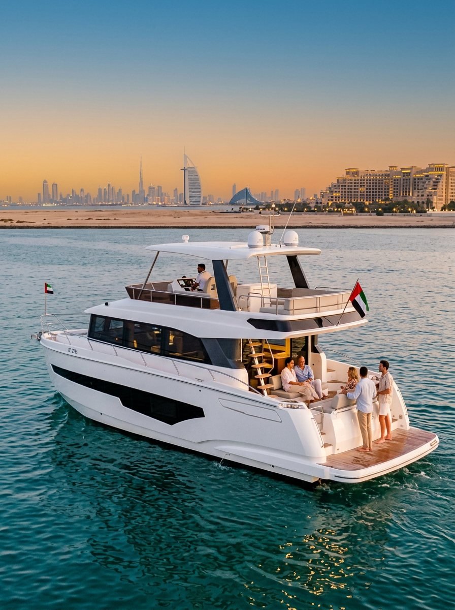 Yacht sailing toward sunset with the captain steering and guests on board