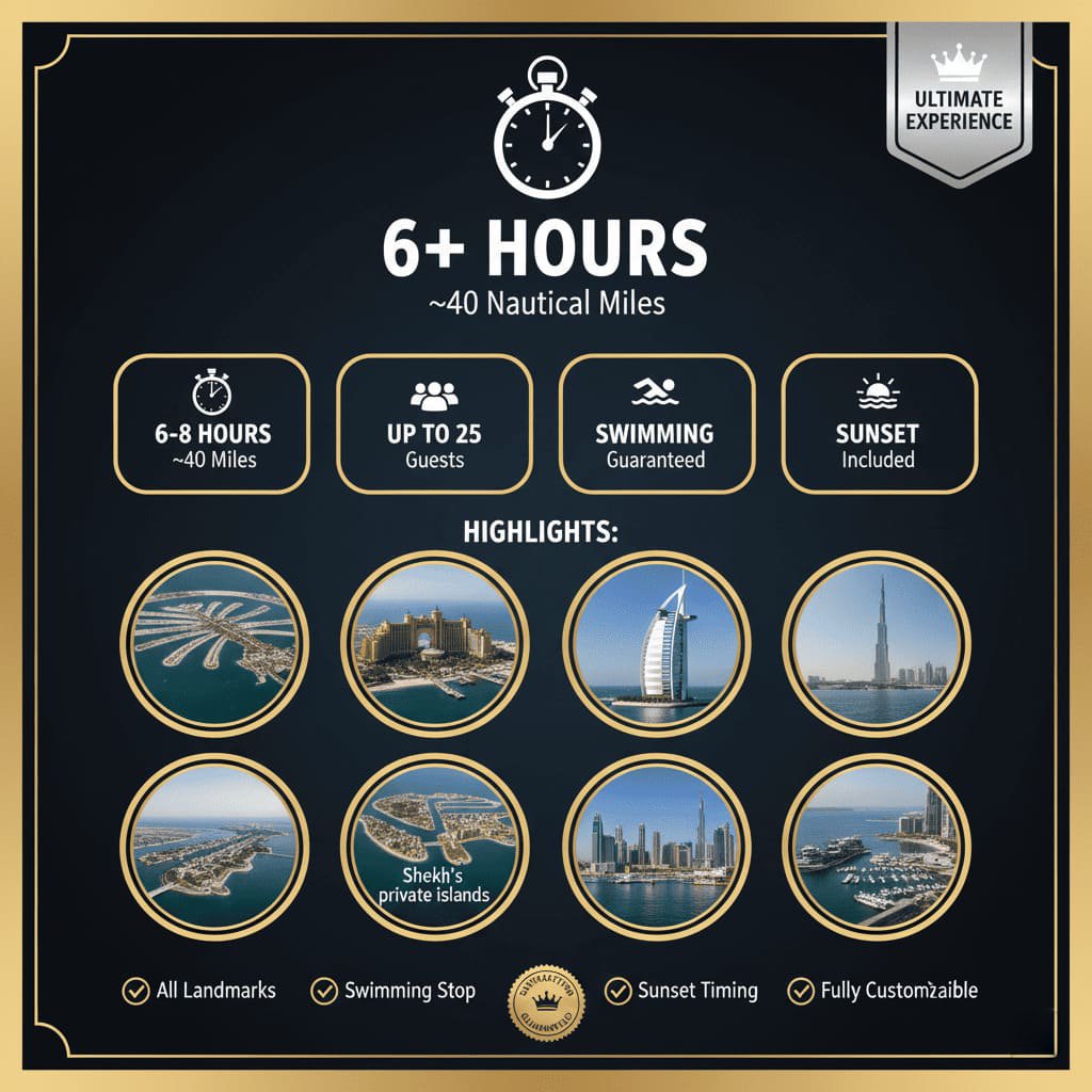 Comprehensive full-experience Dubai yacht tour route highlights.