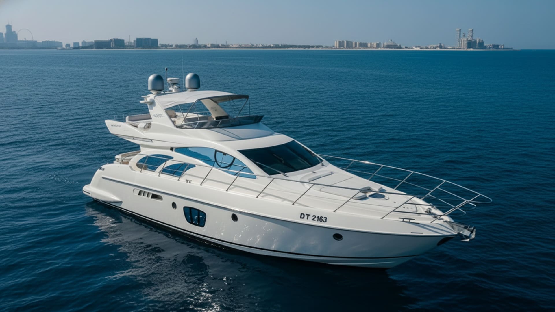 Starlight Navigator 55 ft aerial view, premium yacht rental Dubai