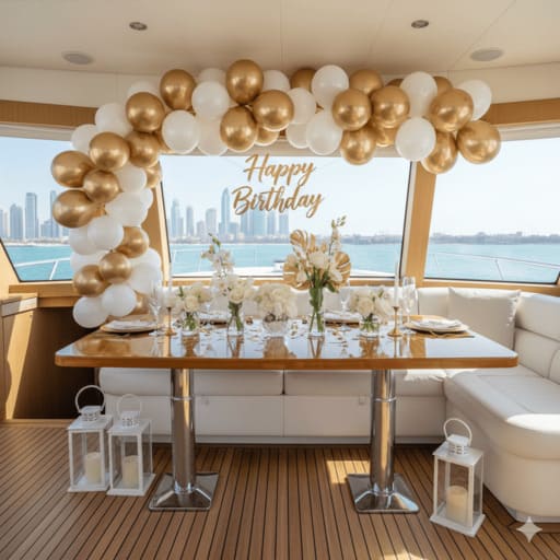 Professional luxury yacht decoration and event styling in Dubai.