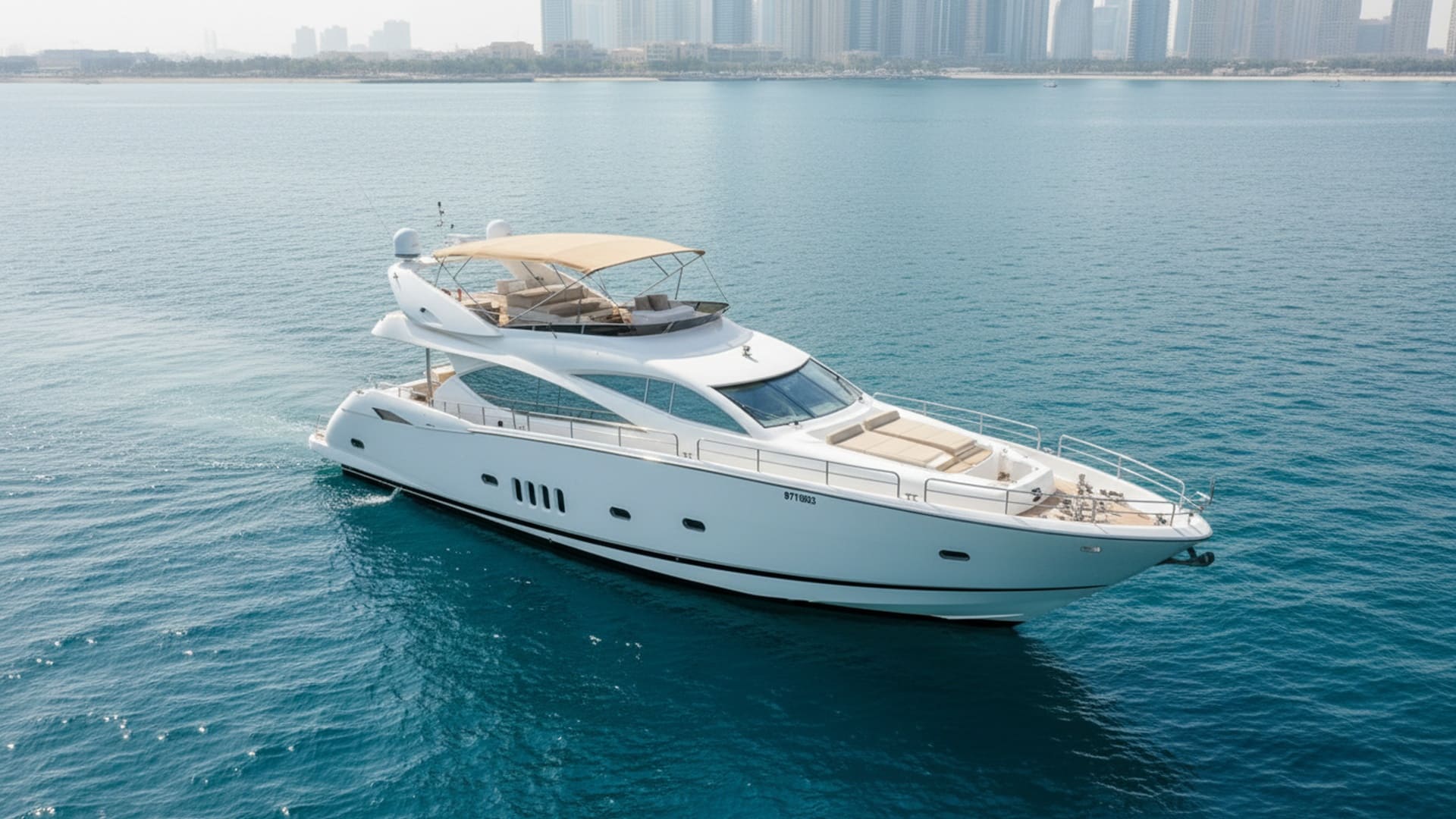 Aerial perspective of Platinum Queen 82 ft yacht in Dubai