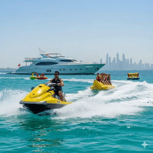 Luxury yacht watersports activities in Dubai, including jet ski.